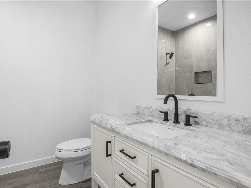 Bathroom with vanity, hardwood / wood-style flooring, and toilet