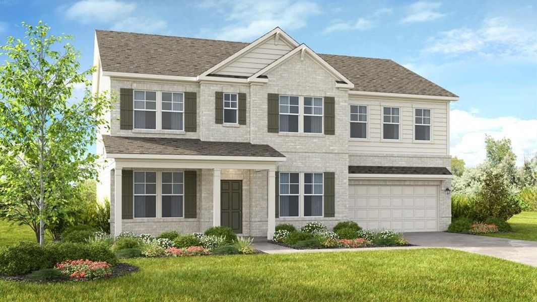 Front exterior of a new home in Stratford Hills, Ball Ground, GA, highlighting curb appeal (Image 1).