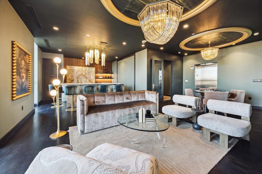 Luxurious common area on the fourth floor for residents and their guests and can be reserved for private events. Luxurious common area on the fourth floor for residents and their guests and can be reserved for private events.