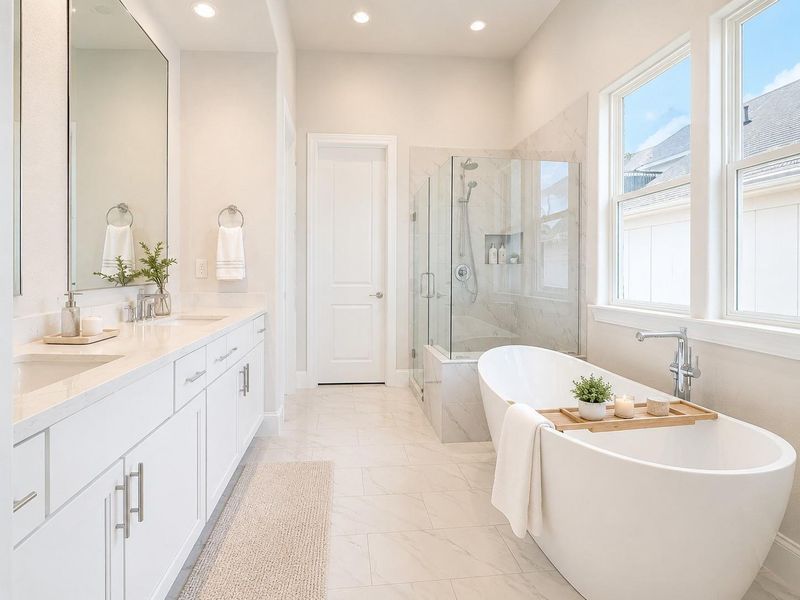 The primary bathroom is your own spa retreat.