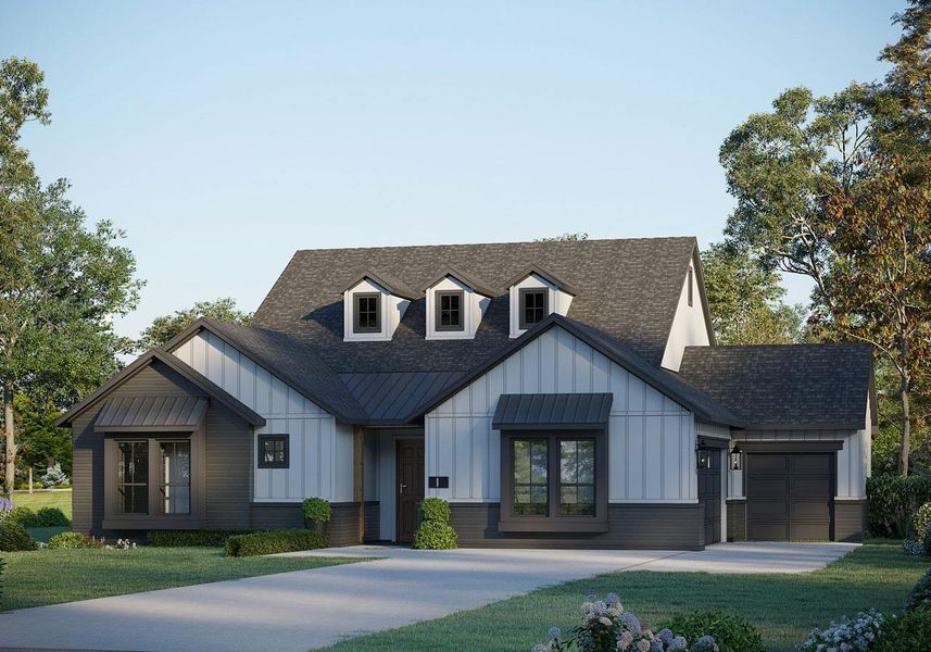 Modern farmhouse featuring a garage, roof with shingles, board and batten siding, and driveway