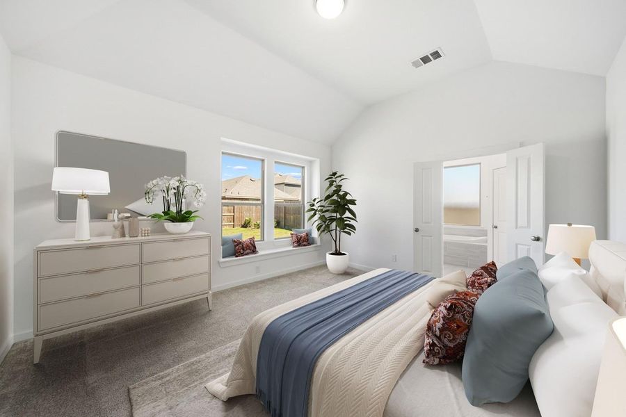 Virtually staged primary bedroom with high ceilings and window seat. Virtually staged primary bedroom with high ceilings and window seat.