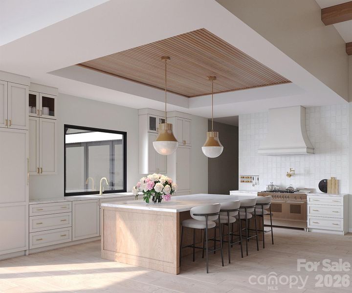 Rendering of the kitchen which will feature 48" gas range, waterfall marble countertops, wood detailed ceiling and expansive scullery with a built-in coffee station, dishwasher, and ample storage/pantry space