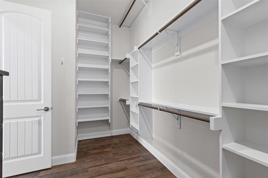 Spacious closet with dark wood-type flooring Spacious closet with dark wood-type flooring