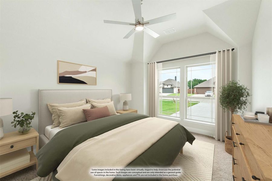 Bedroom with vaulted ceiling, ceiling fan, large window, and neutral furnishings including a queen bed and wood dresser Bedroom with vaulted ceiling, ceiling fan, large window, and neutral furnishings including a queen bed and wood dresser