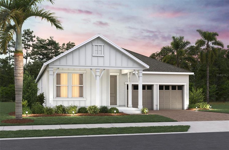 Front exterior of a new home in Vintner Reserve, Clermont, FL, highlighting curb appeal (Image 1).