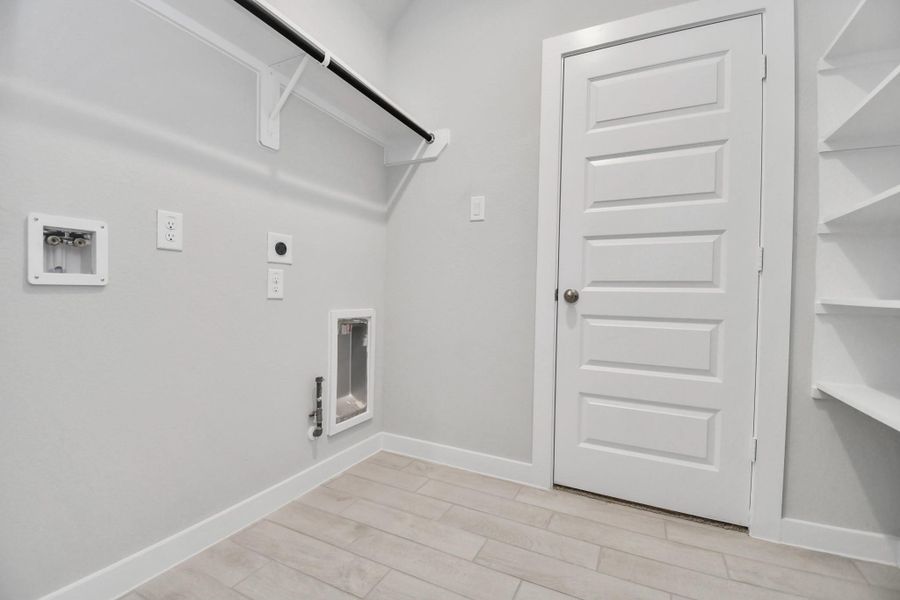 A perfect blend of functionality and comfort. Capture the essence of easy living with a first-floor laundry room, thoughtfully equipped with shelving for effortless organization. Both electric and gas connections available.
