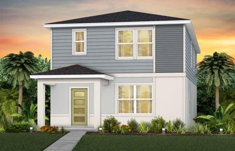 Front exterior of a new home in EverBe, Orlando, FL, highlighting curb appeal (Image 1). Front exterior of a new home in EverBe, Orlando, FL, highlighting curb appeal (Image 1).