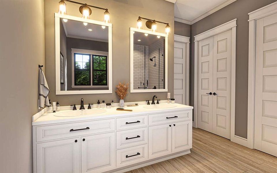 Double sinks for convenience & a walk-in shower!
