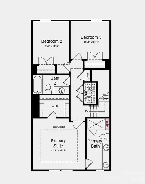 Upper Level Floor Plan - Additional Highlights Include: upgraded shower with ledge in the primary bathroom and full bathroom in place of a half bathroom on the lower floor