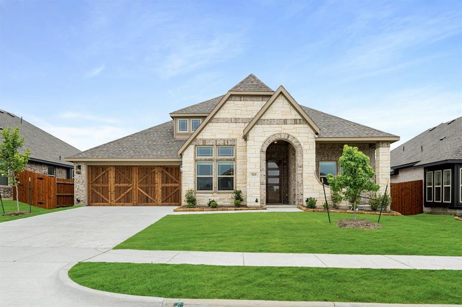 Front exterior of a new home in The Retreat at North Grove 60, Waxahachie, TX, highlighting curb appeal (Image 25). Front exterior of a new home in The Retreat at North Grove 60, Waxahachie, TX, highlighting curb appeal (Image 25).