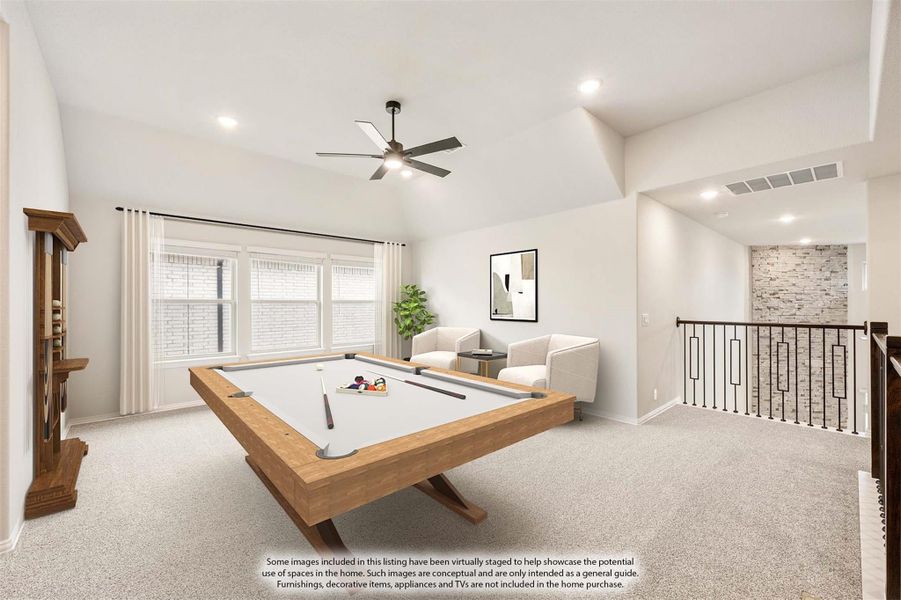 Game room with pool table, vaulted ceiling, ceiling fan, and carpet flooring on upper level