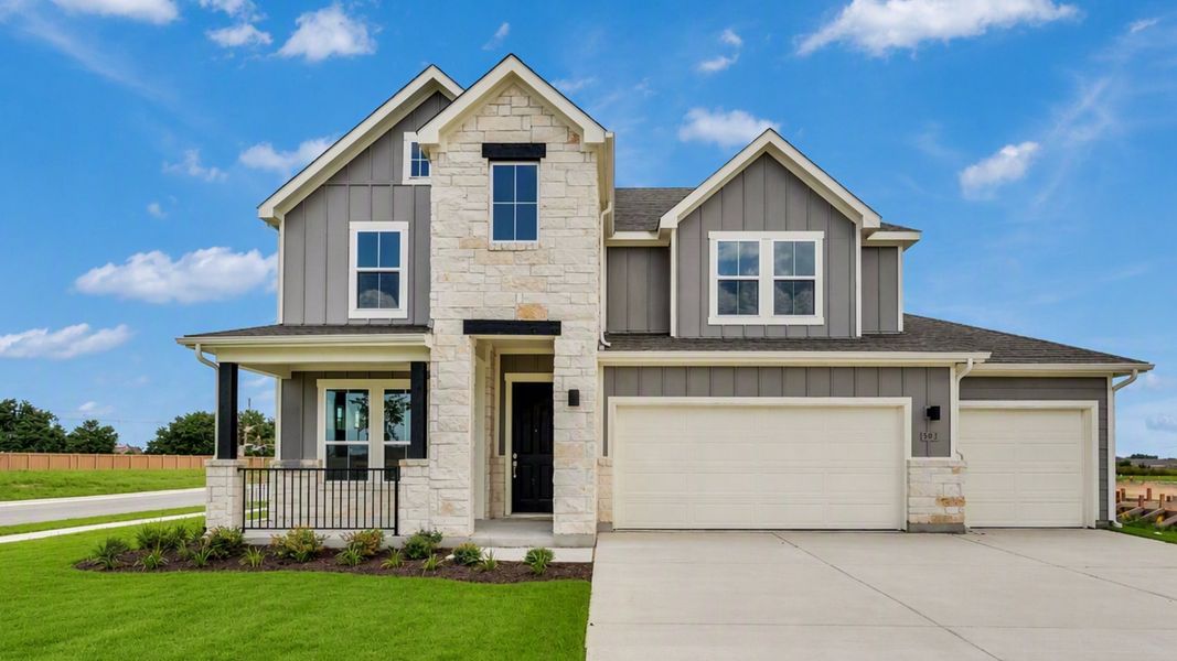 Representative exterior photo of a completed home built from the Rosewood by DRB Homes in Spring Creek, Taylor, TX (Image 20).
