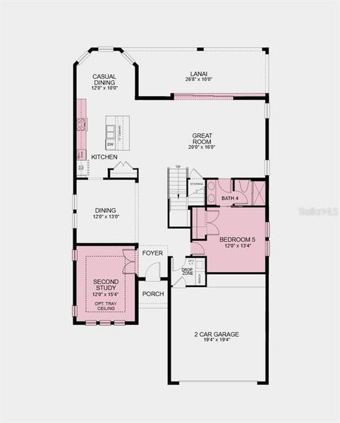 First Floor Plan - Structural options added include: gourmet kitchen, study in place of flex, secondary bedroom and full bathroom in place of study, shower at main level bath, pocket sliding glass doors, tray ceilings at study, primary suite and game room, and impact windows