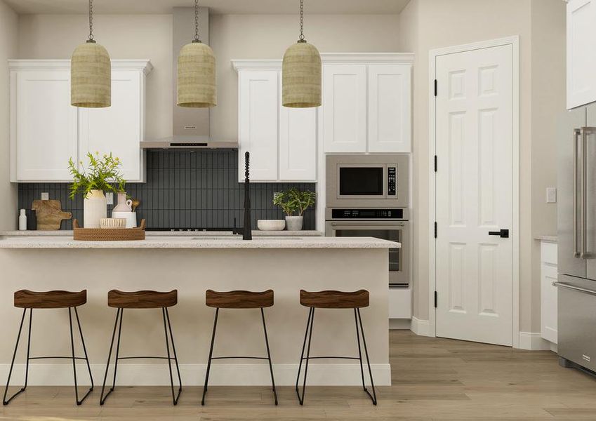 Rendering of the gorgeous kitchen in the
  Iris. The space has a large island with four barstools, white cabinetry,
  stainless steel appliances, tile backsplash and a vent hood.