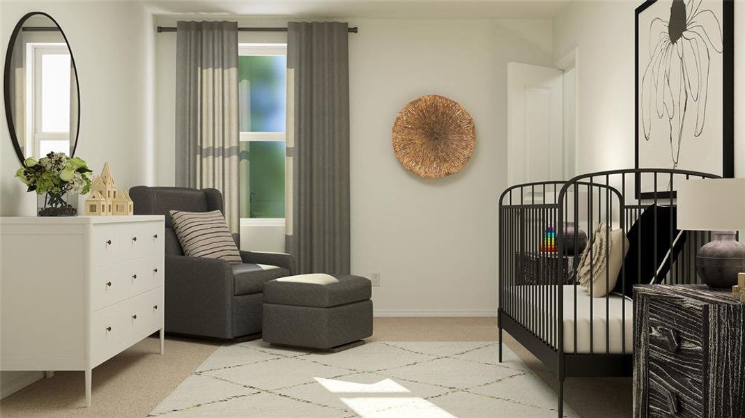 Bedroom featuring light colored carpet