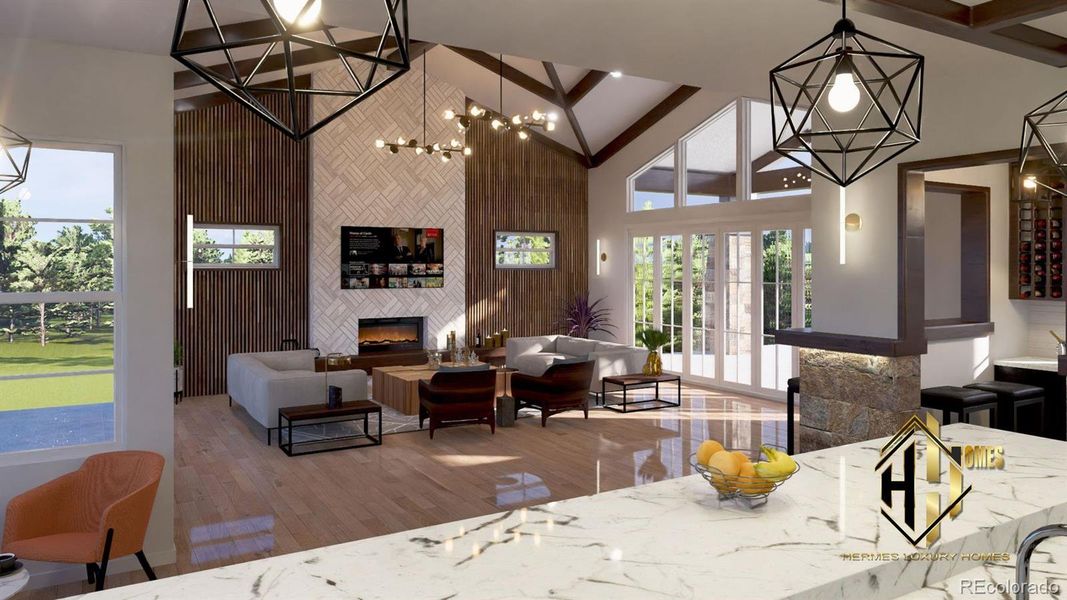 Grand living room with electric fireplace Grand living room with electric fireplace