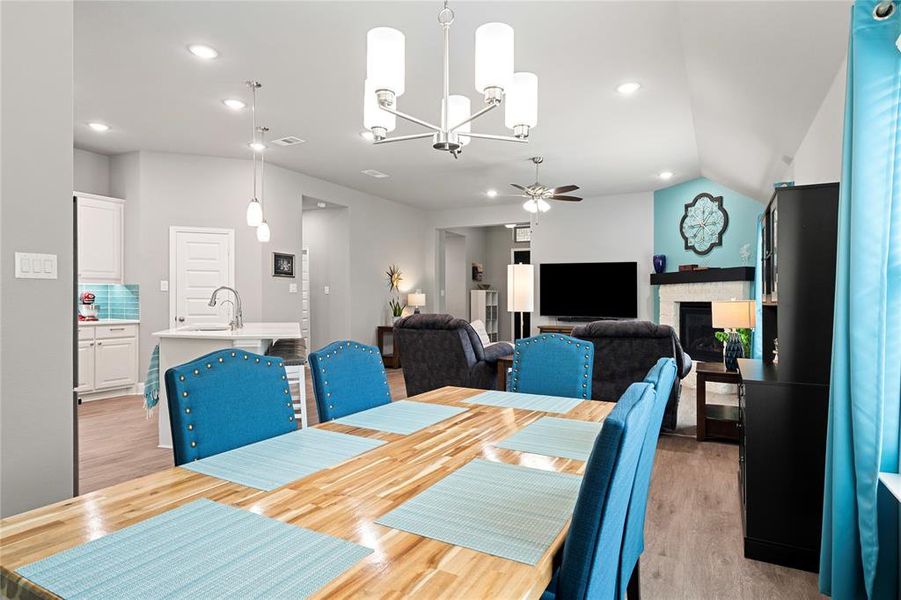 Dining area in wide open family space.