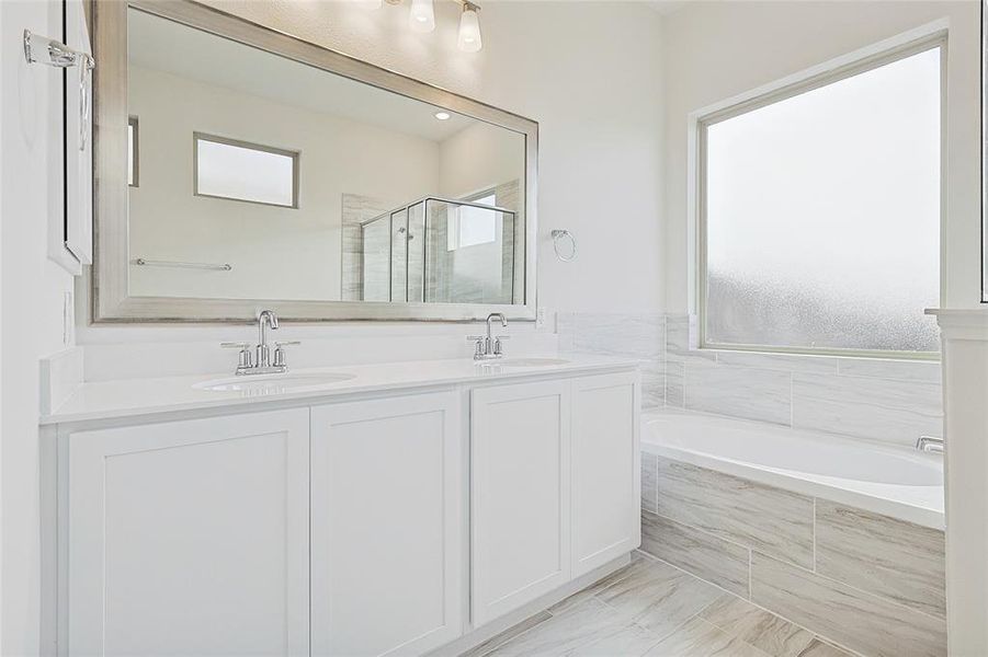 Bathroom with vanity and independent shower and bath