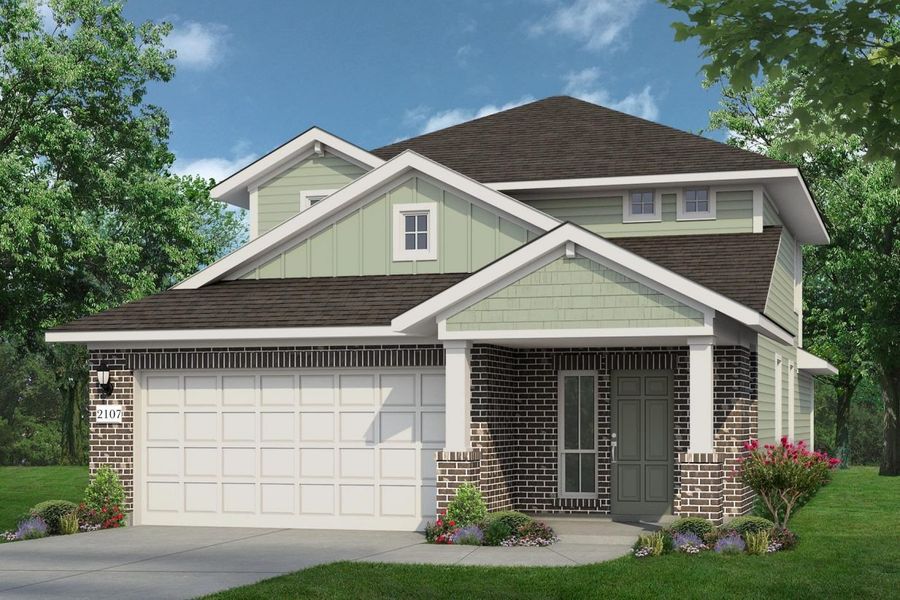 Representative exterior photo of a completed home built from the Hunters Ranch 2107 by Brohn Homes in Hunters Ranch, San Antonio, TX (Image 1). Representative exterior photo of a completed home built from the Hunters Ranch 2107 by Brohn Homes in Hunters Ranch, San Antonio, TX (Image 1).