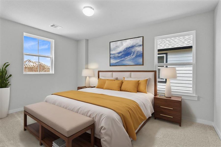 Secondary bedroom features plush carpet, custom paint, high ceilings, and a large window with privacy blinds.