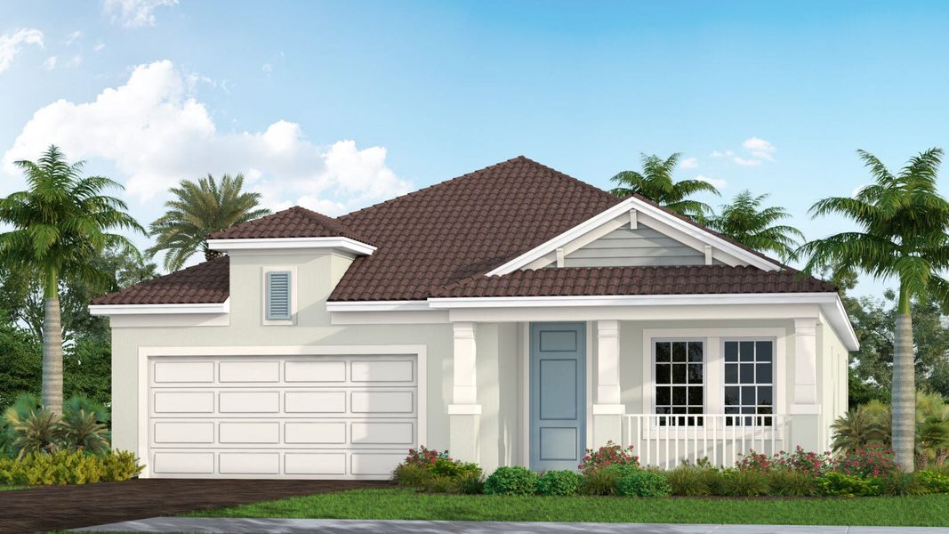 Front exterior of a new home in Windward, Lakewood Ranch, FL, highlighting curb appeal (Image 1). Front exterior of a new home in Windward, Lakewood Ranch, FL, highlighting curb appeal (Image 1).