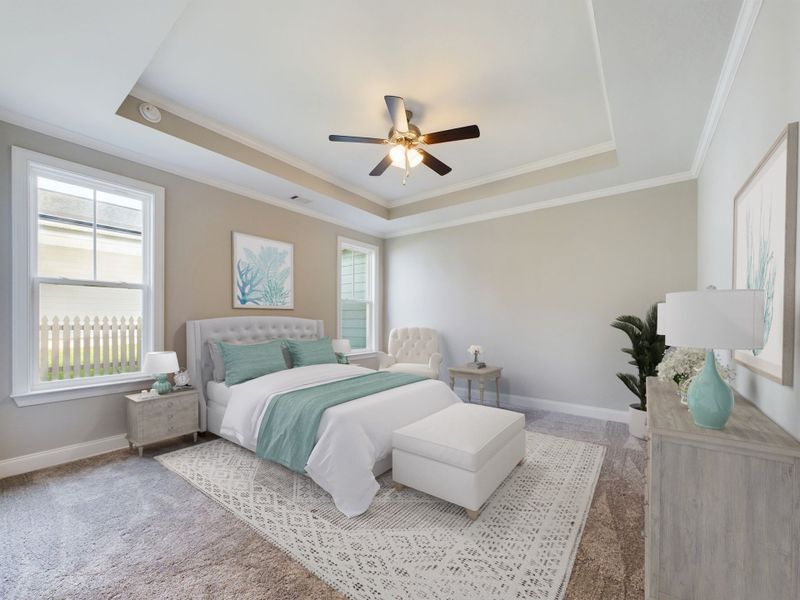 The Finch Plan | Staged Primary Bedroom Floorplan Representation Photo