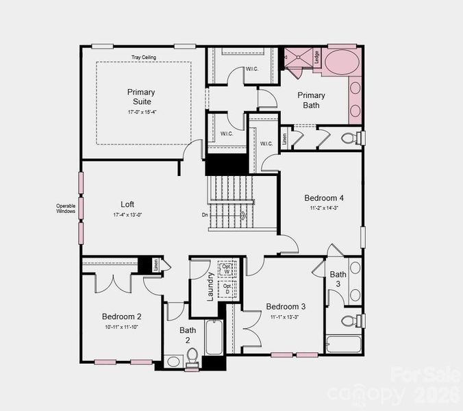Second Floor Plan -  Additional Highlights Include: main floor bedroom and full bathroom, full front porch, additional windows in the loft, tray ceiling in the primary bedroom, and a soaking tub with a separate tub