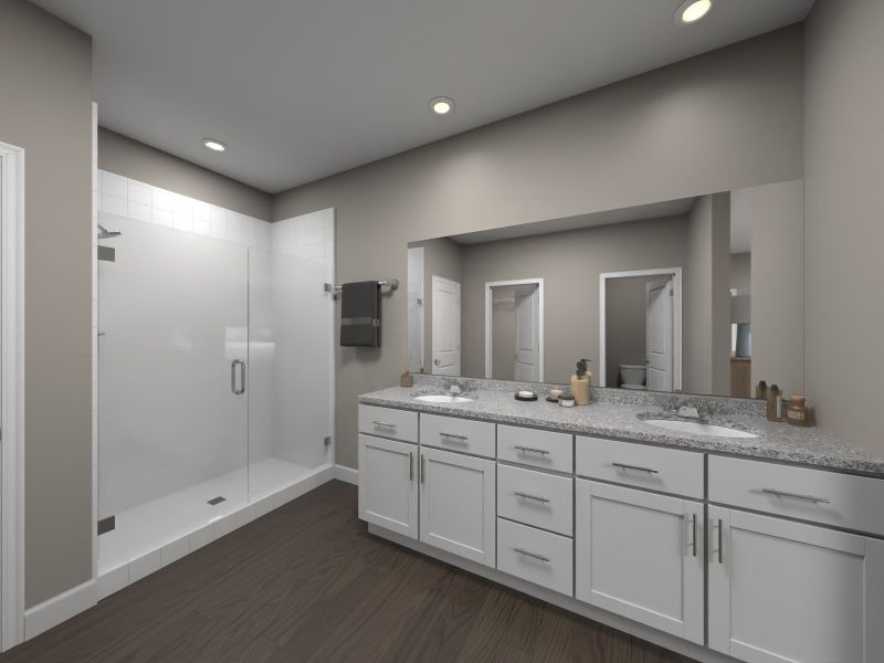 The primary bath boasts a large walk in closet and dual sinks. The primary bath boasts a large walk in closet and dual sinks.