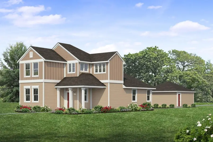 Rendering of two story two-tone khaki colored home with red door and detached garage with landscaping and sky
