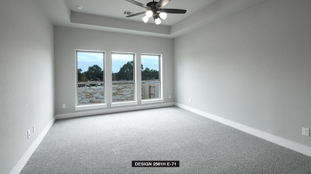 Carpeted spare room with a raised ceiling and ceiling fan