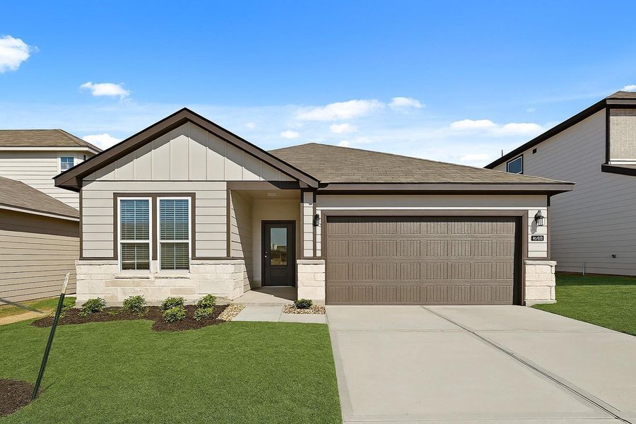 Front exterior of a new home in Reveille Estates, Bryan, TX, highlighting curb appeal (Image 1). Front exterior of a new home in Reveille Estates, Bryan, TX, highlighting curb appeal (Image 1).