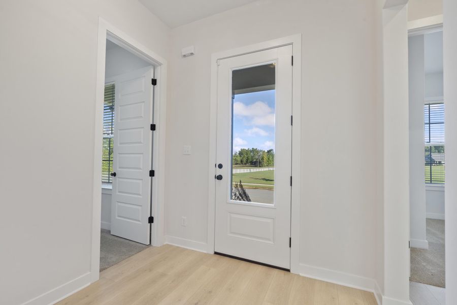 Light wood-finish flooring extending into a bright entryway