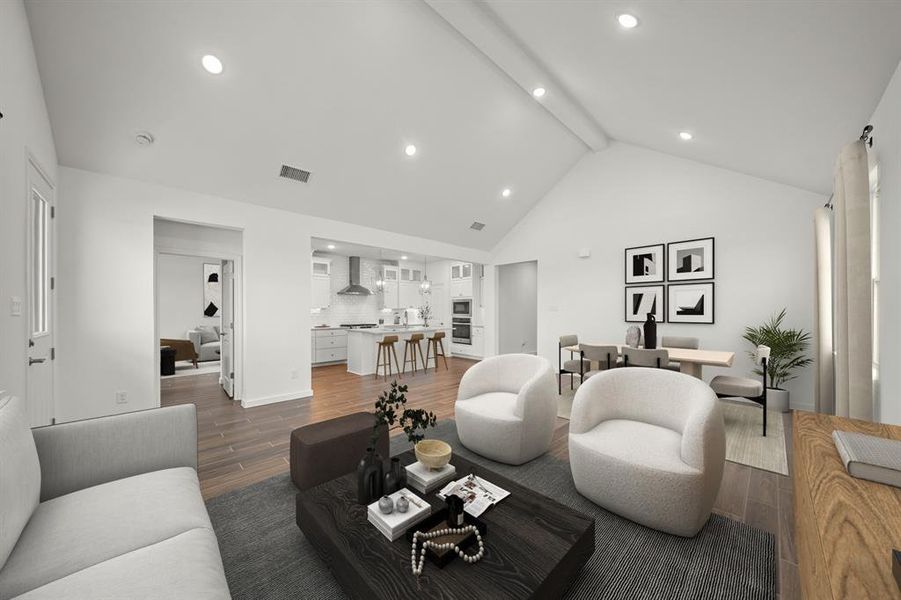 Impressive great room and dining area with vaulted ceilings