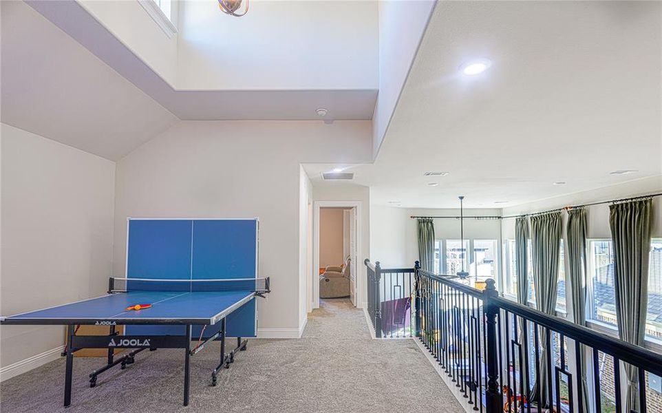 Playroom with plenty of natural light, carpet floors, and lofted ceiling