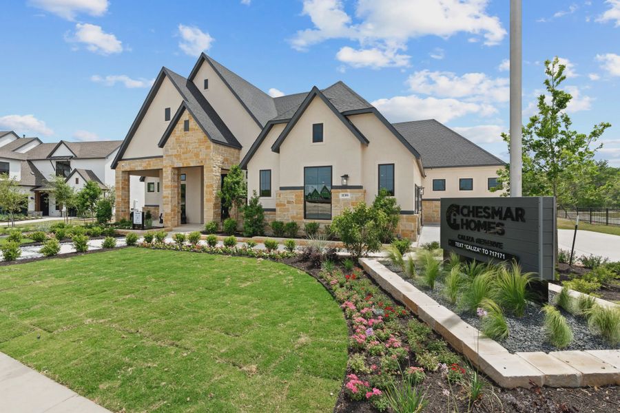 Front exterior of a new home in Caliza Reserve, Boerne, TX, highlighting curb appeal (Image 12).