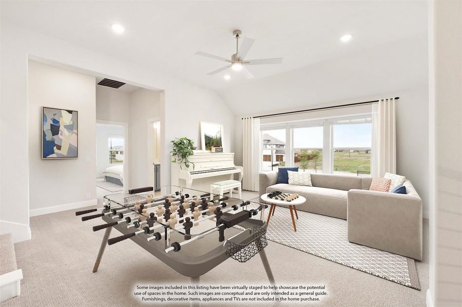 Bonus room with vaulted ceiling, foosball table, sofa, and white piano near large windows