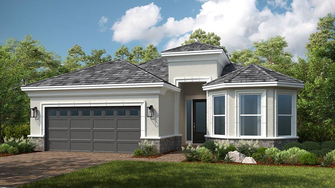 Front exterior of a new home in Astor Creek Golf and Country Club, Port St. Lucie, FL, highlighting curb appeal (Image 1). Front exterior of a new home in Astor Creek Golf and Country Club, Port St. Lucie, FL, highlighting curb appeal (Image 1).