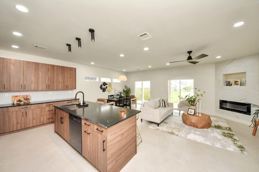 Recessed LED lighting throughout creates a warm, energy-efficient glow