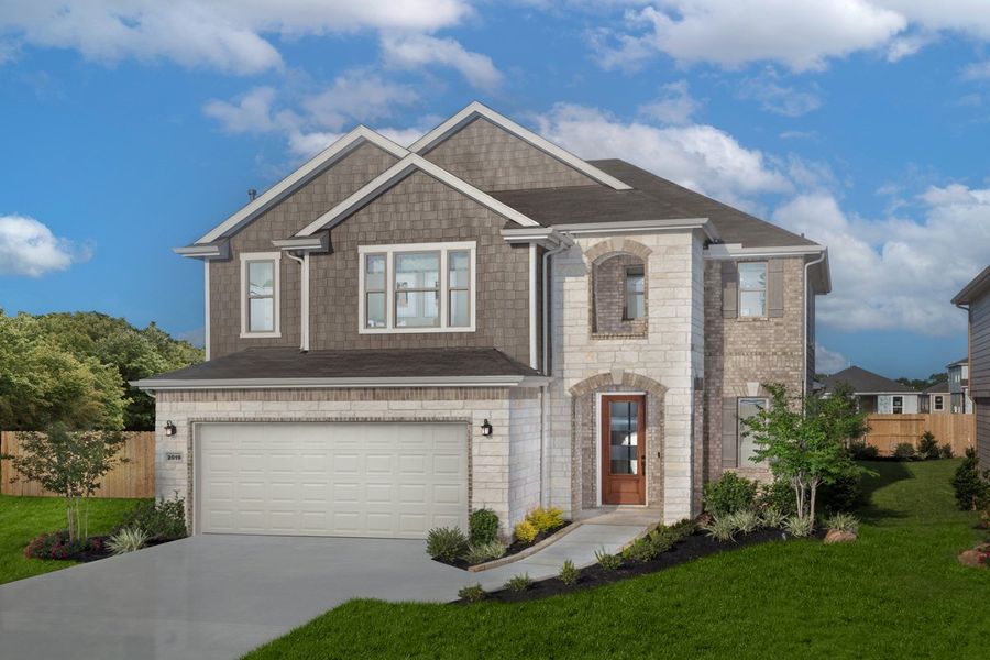 Front exterior of a new home in Olympia Falls, Fresno, TX, highlighting curb appeal (Image 1). Front exterior of a new home in Olympia Falls, Fresno, TX, highlighting curb appeal (Image 1).