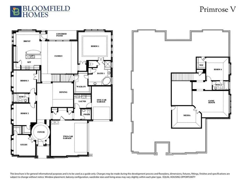 Bloomfield Homes Primrose V two-story floor plan with four bedrooms, game room, media room, and two-car garage.
