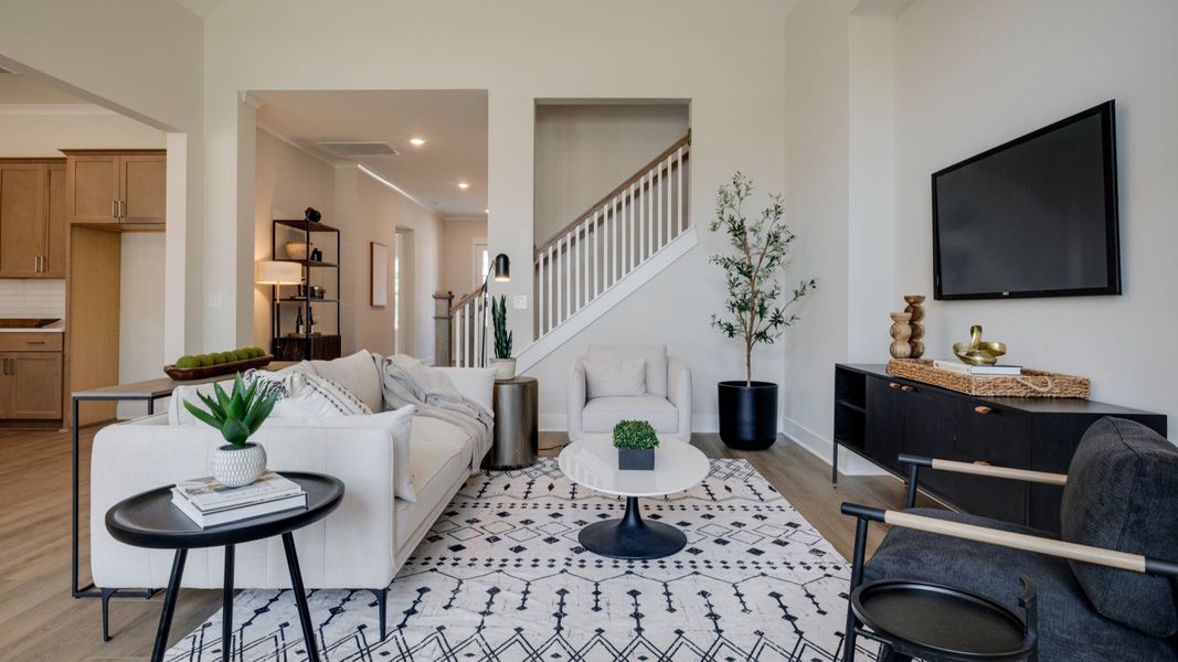 Hard surface flooring with high ceilings for an elevated living area Hard surface flooring with high ceilings for an elevated living area