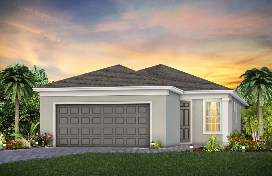 Front exterior of a new home in Del Webb Sunbridge, St. Cloud, FL, highlighting curb appeal (Image 2). Front exterior of a new home in Del Webb Sunbridge, St. Cloud, FL, highlighting curb appeal (Image 2).