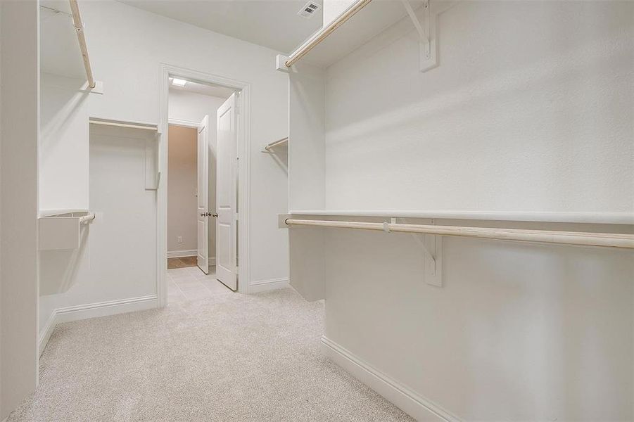 Walk in closet with light carpet