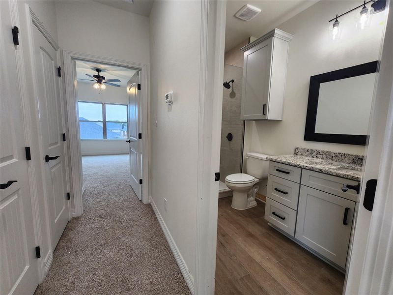 Contemporary bathroom featuring a light gray vanity with granite-style countertop, a wall-mounted medicine cabinet, and wood-finish flooring