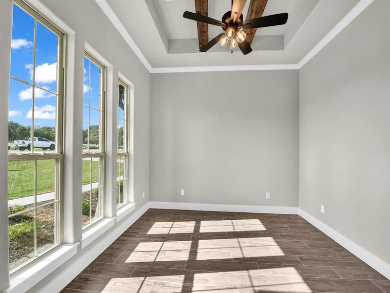 Unfurnished room featuring a tray ceiling, wood tiled floors, and ceiling fan Unfurnished room featuring a tray ceiling, wood tiled floors, and ceiling fan