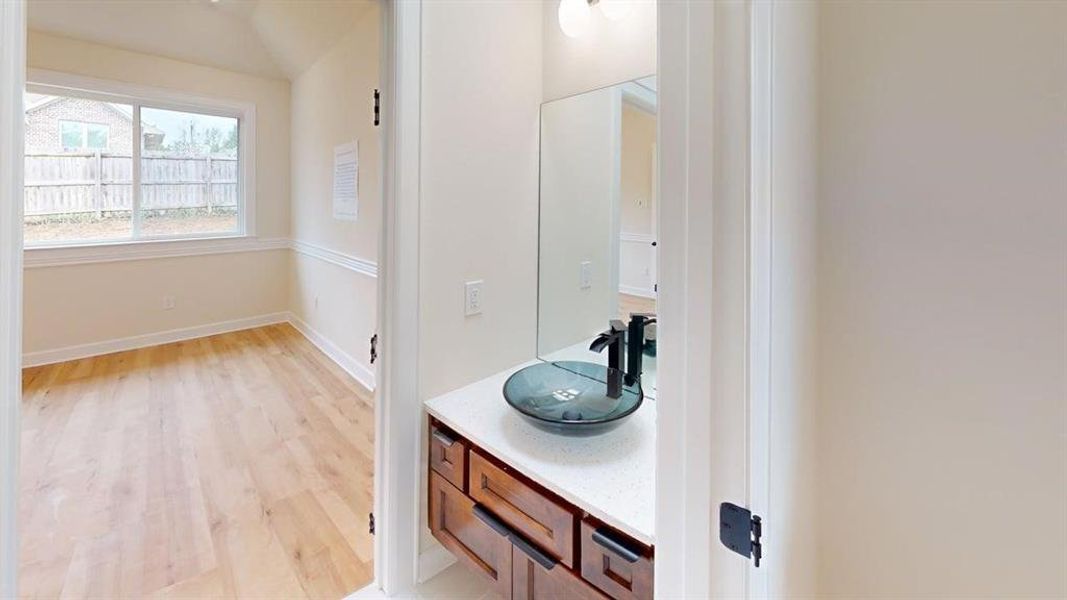 Bathroom featuring wood finished floors and vanity