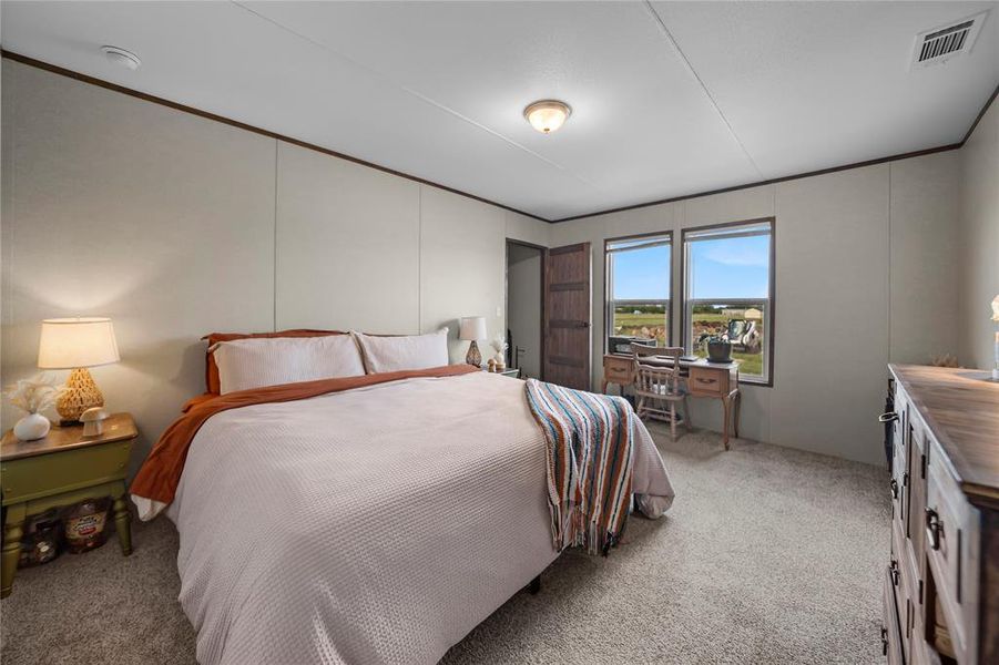 Bedroom with carpet flooring and crown molding Bedroom with carpet flooring and crown molding