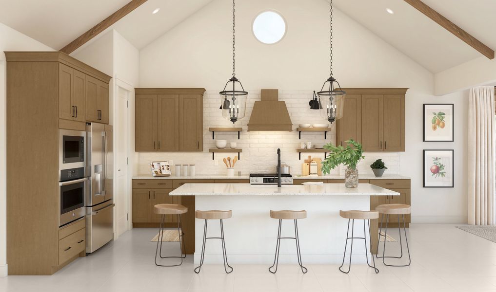 Kitchen with pendant lighting and stained ceiling beams Kitchen with pendant lighting and stained ceiling beams
