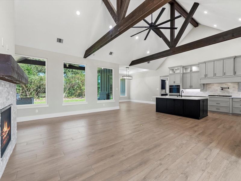 Living and kitchen space with high vaulted ceilings. Living and kitchen space with high vaulted ceilings.